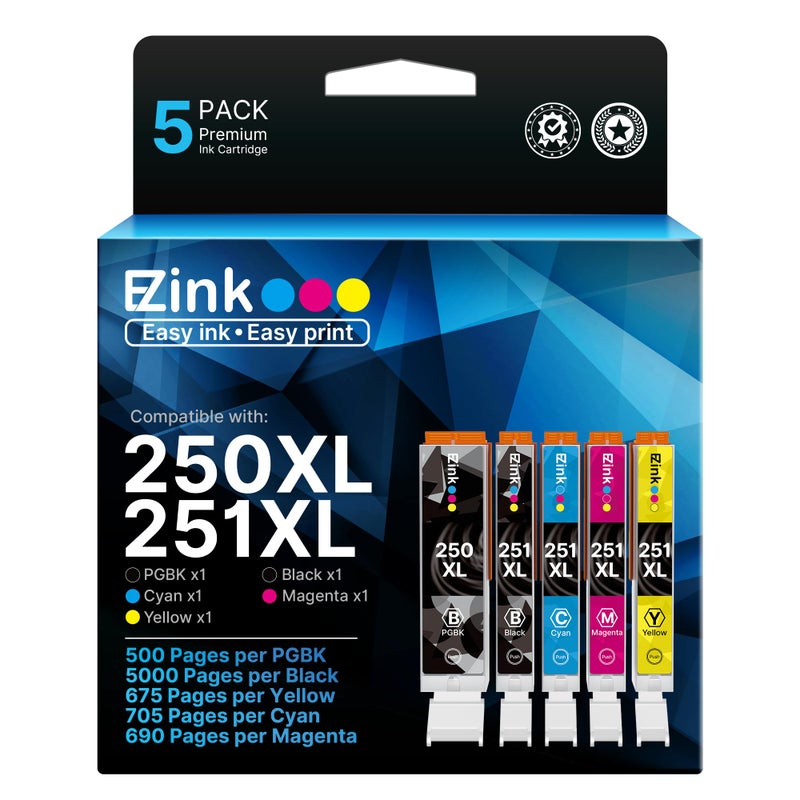 E-Z Ink Compatible Ink Cartridge Replacement for Canon PGI-250XL PGI 250 XL CLI-251XL CLI 251 XL to use with PIXMA MX922 MG5520 (1 Large Black, 1 Cyan, 1 Magenta, 1 Yellow, 1 Small Black) 5 Pack - Image 1